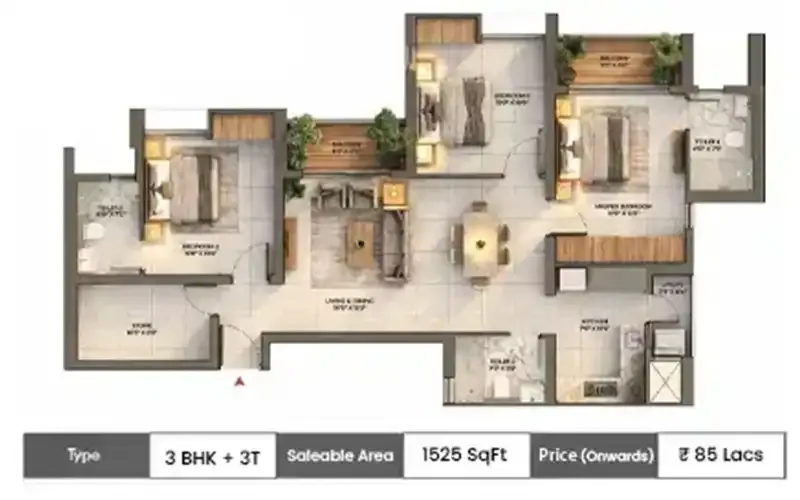DTC Downtown 3 BHK + 3T floor plan, 1525 sq ft carpet area