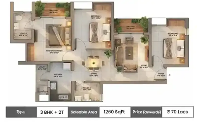 DTC Downtown 3 BHK + 2T floor plan, 1260 sq ft carpet area