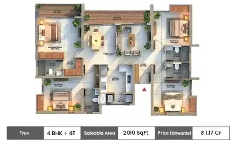 DTC Downtown 4 BHK + 4T floor plan, 2010 sq ft carpet area