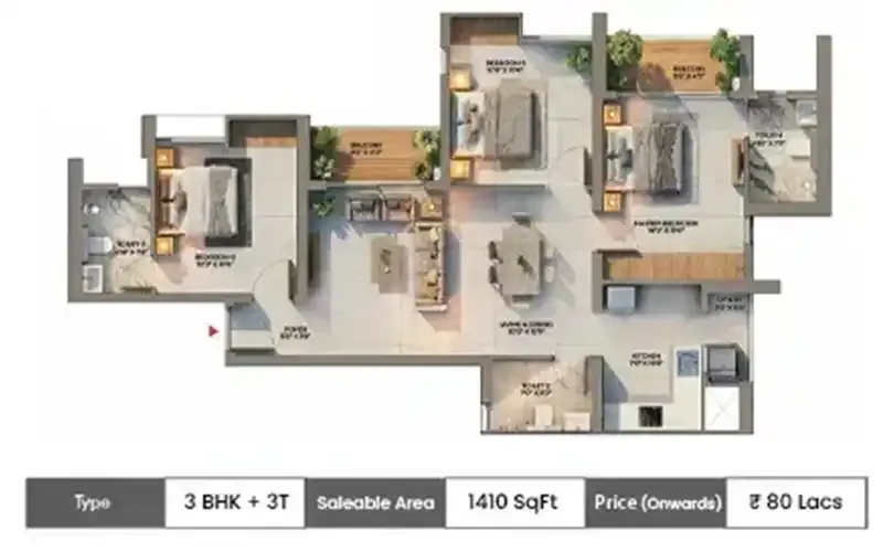 DTC Downtown 3 BHK + 3T floor plan, 1410 sq ft carpet area
