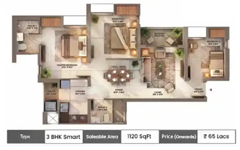 DTC Downtown 3 BHK Smart floor plan, 1120 sq ft carpet area