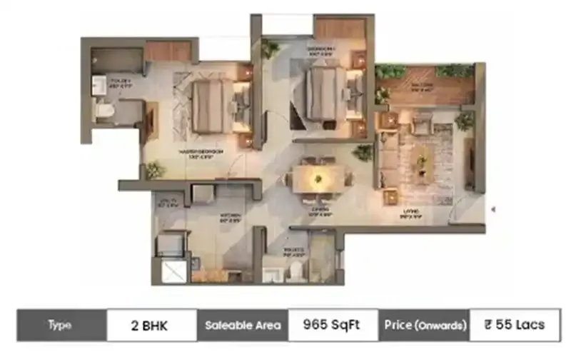 DTC Downtown 2 BHK floor plan, 965 sq ft carpet area
